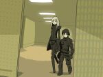  1boy 1girl around_corner backrooms_(creepypasta) black_hair blame! bodysuit cable ceiling_light cibo cyborg fluorescent_lamp height_difference killy pale_skin psicochurroz short_hair white_hair 