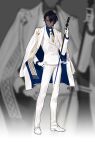  1boy :| alternate_costume alternate_eye_color arjuna_(fate) bangs blue_eyes blue_shirt cane closed_mouth collared_shirt commentary_request dark-skinned_male dark_skin expressionless fate/extella fate/extella_link fate/extra fate/grand_order fate_(series) formal full_body gloves gold_trim hand_on_hip holding holding_cane jacket jacket_on_shoulders long_sleeves looking_at_viewer male_focus necktie ongdal2 pants shirt short_hair solo standing striped striped_jacket striped_pants tie_clip twitter_username white_footwear white_gloves white_jacket white_necktie white_pants 