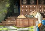  bottle box chair desk file_cabinet frog glasses hachiya_shohei highres labcoat moss newspaper no_humans original signature sitting stairs 