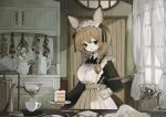  1girl animal_ears apron black_dress black_eyes brown_hair cake cup curtains door dress flower food highres holding holding_food maid maid_apron maid_headdress original pitcher rabbit_ears rabbit_girl sakutake_(ue3sayu) solo spilling teacup teapot window 