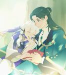  1boy 1girl artist_name beads black_hair book closed_eyes colored_eyelashes copyright_name cuddling english_commentary fire_emblem fire_emblem:_three_houses green_eyes green_hair hair_beads hair_between_eyes hair_ornament hetero highres jowell_she linhardt_von_hevring long_hair long_sleeves looking_at_another lysithea_von_ordelia mixed-language_commentary smile white_hair wide_sleeves 