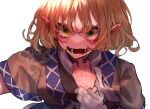  1girl arm_warmers bangs black_shirt blonde_hair breasts brown_shirt commentary_request godouyu_(neisukun) green_eyes hair_between_eyes highres looking_at_viewer medium_breasts milestone_celebration mizuhashi_parsee open_mouth pointy_ears scarf shirt short_sleeves solo tears touhou undershirt white_scarf 
