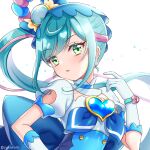  1girl back_bow blue_bow blue_choker blue_hair bow brooch choker cure_spicy delicious_party_precure fuwa_kokone gloves green_eyes hair_bow hair_rings head_tilt heart_brooch huge_bow jewelry long_hair looking_at_viewer magical_girl multicolored_hair parted_lips pink_hair precure simple_background solo twitter_username two-tone_hair upper_body white_background white_gloves yukinko_(yukiwork) 