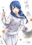  1girl blonde_hair blue_hair blush braid chef_uniform hair_ornament hairclip highres ladle open_mouth saeki_shun shokugeki_no_souma simple_background solo tadokoro_megumi twin_braids twintails utensil 