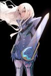  1girl armor black_background english_text fairy_knight_lancelot_(fate) fairy_knight_lancelot_(first_ascension)_(fate) fate/grand_order fate_(series) floating_hair highres long_hair looking_to_the_side ooo_333koro solo white_hair yellow_eyes 