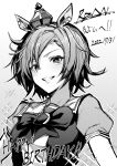 1girl absurdres animal_ears bow bowtie breasts crown dated greyscale grin happy_birthday highres horse_ears looking_at_viewer mini_crown monochrome puffy_short_sleeves puffy_sleeves reon_(dainagon_azuki) school_uniform short_hair short_sleeves small_breasts smile solo sparkle t.m._opera_o_(umamusume) tracen_school_uniform umamusume upper_body zipper 