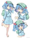  1girl backpack bag bangs bare_legs barefoot blue_eyes blue_hair blue_jacket blue_shirt blue_skirt cabbie_hat closed_mouth collared_jacket cucumber flat_cap full_body green_bag green_headwear hair_bobbles hair_ornament hat highres holding holding_wrench jacket jewelry kawashiro_nitori key key_necklace long_sleeves looking_at_viewer medium_hair multiple_views necklace open_mouth ramudia_(lamyun) shirt short_twintails simple_background skirt skirt_set smile standing standing_on_one_leg touhou twintails two_side_up white_background wrench 