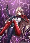  1girl adsouto ahoge android blonde_hair breasts crossed_legs eyepatch frown highres long_hair medium_breasts nemesis_(tower_of_fantasy) red_eyes signature solo tower_of_fantasy very_long_hair 