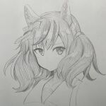  1girl animal_ears bangs closed_mouth dot_mouth ear_covers ear_ribbon graphite_(medium) highres horse_ears horse_girl looking_at_viewer monochrome nice_nature_(umamusume) sailor_collar short_hair simple_background solo traditional_media tsuji_kazuho two_side_up umamusume upper_body white_background 