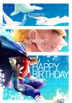  1boy all_might animal bird blonde_hair blue_cape blue_eyes bodysuit boku_no_hero_academia border cape character_name commentary_request dated dove flsenhiko happy_birthday looking_at_viewer male_focus open_mouth short_hair smile solo white_bird white_border 