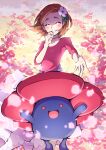  1girl absurdres aroma_lady_(pokemon) blush brown_hair closed_eyes commentary_request eyelashes falling_petals flower grin hair_flower hair_ornament hand_up happy highres medium_hair petals pokemon pokemon_(creature) pokemon_(game) pokemon_oras pon_yui purple_shirt shirt sleeves_past_elbows smile vileplume 