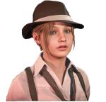  1girl blue_eyes brown_hair claire_redfield cropped fedora game_screenshot hat long_hair looking_at_viewer non-web_source overalls resident_evil resident_evil_2 resident_evil_2_(remake) simple_background solo source_request upper_body white_background 