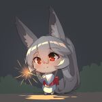  1girl animal_ears bangs bare_shoulders chibi closed_mouth commentary_request fox_ears fox_girl fox_tail grey_hair hair_between_eyes highres holding_fireworks japanese_clothes kimono long_hair long_sleeves night night_sky obi original outdoors ponytail red_eyes sash sky smile solo tail very_long_hair white_kimono wide_sleeves yuuji_(yukimimi) 