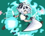  1girl bangs black_hairband black_pantyhose black_ribbon blurry blush bow_hairband brown_footwear closed_mouth collared_shirt commentary_request depth_of_field expressionless full_body gram_9 green_eyes green_skirt green_vest hairband katana konpaku_youmu konpaku_youmu_(ghost) loafers looking_at_viewer neck_ribbon pantyhose puffy_short_sleeves puffy_sleeves ribbon shirt shoes short_hair short_sleeves skirt skirt_set solo sword touhou vest wakizashi weapon white_hair white_shirt 