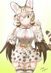  1girl animal_costume animal_ear_fluff animal_ears bow bowtie cat_ears cat_girl cat_tail closed_mouth geoffroy&#039;s_cat_(kemono_friends) green_eyes grey_hair kemono_friends kemono_friends_v_project kneehighs long_hair looking_at_viewer microphone one_eye_closed ribbon shirt simple_background skirt smile socks solo tail taurine_8000mg twintails virtual_youtuber 