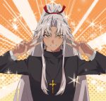  1boy amakusa_shirou_(fate) bangs blush brown_eyes commentary_request cross cross_necklace dark-skinned_male dark_skin double_v earrings emotional_engine_-_full_drive fate/apocrypha fate/grand_order fate_(series) hair_ribbon highres jewelry long_hair long_sleeves looking_at_viewer male_focus mutsu_(621300) necklace official_alternate_hair_length official_alternate_hairstyle parted_bangs priest red_ribbon ribbon smile solo sparkle teeth upper_body v very_long_hair white_hair yellow_eyes 