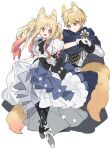  1boy 1girl absurdres animal_ear_fluff animal_ears black_bow black_bowtie black_gloves black_pantyhose blonde_hair blue_cape bow bowtie brother_and_sister cape chu_yeon closed_mouth colored_tips dress dress_bow eye_contact fox_ears fur_shawl gloves grey_footwear highres kemonomimi_mode long_hair long_sleeves looking_at_another multicolored_hair open_mouth pantyhose pink_eyes project_sekai shawl shirt shoes siblings sleeveless sleeveless_dress smile tenma_saki tenma_tsukasa white_bow white_dress white_gloves white_shirt yellow_eyes 