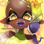  +_+ 1girl artist_name asymmetrical_hair bare_shoulders blonde_hair blue_hair blush breasts colored_eyelashes commentary copyright_name dark-skinned_female dark_skin ear_blush earrings english_text fangs forehead frye_(splatoon) gradient_hair hair_tie half-closed_eyes happy heart highres jewelry looking_at_viewer medium_breasts multicolored_hair multiple_earrings nu_(ura_mya_pain) object_on_head open_mouth pointy_ears shiny shiny_hair shiny_skin shirt sidelocks simple_background sleeveless sleeveless_shirt smile solo splatoon_(series) splatoon_3 symbol-only_commentary teeth tentacle_hair tentacles twitter_username two-tone_hair watermark yellow_background yellow_eyes 
