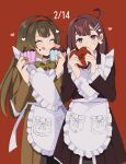  2girls :q ^_^ ahoge apron bandaid bandaid_on_hand bangs blue_eyes bow bowtie box brown_dress brown_hair closed_eyes collared_dress cupcake dated dress feet_out_of_frame food food_on_face hair_ornament hairband hairclip heart heart-shaped_box highres hod_(project_moon) holding holding_box holding_food library_of_ruina long_hair looking_at_viewer malkuth_(project_moon) medium_hair mu46016419 multiple_girls project_moon red_background red_hairband smile sweatdrop tongue tongue_out valentine white_apron yellow_bow yellow_bowtie 