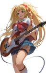  1girl absurdres blonde_hair blue_eyes braid breasts collarbone collared_shirt electric_guitar feet_out_of_frame fishnet_socks fishnets from_below grin guitar highres instrument large_breasts long_hair looking_at_viewer miniskirt music original plaid plaid_skirt playing_instrument plectrum school_uniform shirt simple_background skirt sleeves_rolled_up smile socks solo teeth_hold thigh_strap two_side_up underbust very_long_hair vziu white_background white_shirt 