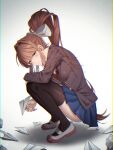  1girl black_thighhighs blazer blue_skirt bow brown_hair brown_jacket crumpled_paper doki_doki_literature_club from_side frown full_body green_eyes hair_ribbon highres holding holding_paper holding_paper_airplane jacket korean_commentary long_hair looking_at_viewer monika_(doki_doki_literature_club) onyang over-kneehighs paper paper_airplane ponytail ribbon school_uniform shoes simple_background skirt solo squatting thigh-highs unhappy uwabaki white_background white_footwear white_ribbon 
