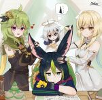  1boy 3girls absurdres animal_ears bangs blonde_hair blue_eyes breasts collei_(genshin_impact) eyebrows_hidden_by_hair fox_boy fox_ears genshin_impact gloves green_eyes green_hair hair_between_eyes halo highres lumine_(genshin_impact) multiple_girls nokoo paimon_(genshin_impact) short_hair tighnari_(genshin_impact) touching_ears violet_eyes white_hair yellow_eyes 