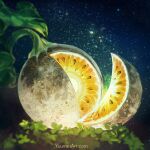  commentary english_commentary food food_focus fruit full_moon highres melon melon_slice moon night night_sky no_humans original outdoors sky star_(sky) starry_sky watermark web_address yuumei 