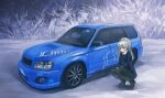  1girl black_footwear blue_jacket car commentary_request green_pants grey_hair ground_vehicle highres jacket long_hair momo_hiki motor_vehicle original outdoors pants personification ponytail shoes solo squatting subaru_(brand) subaru_forester vehicle_focus 