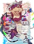  1girl absurdres adapted_costume apron blonde_hair borrowed_design cellphone crystal english_text fangs flandre_scarlet hat highres internet_survivor kneehighs midriff mob_cap navel one_side_up phone red_eyes red_shirt shirt short_hair short_sleeves smartphone smile socks sokura_(mochichitose) solo touhou white_apron white_headwear 