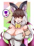  1girl animal_costume animal_ear_fluff animal_ears bat_wings bow bowtie breasts brown_eyes brown_hair brown_long-eared_bat_(kemono_friends) elbow_gloves gloves grey_hair kemono_friends kemono_friends_v_project large_breasts leotard long_hair looking_at_viewer masa_ani multicolored_hair open_mouth pantyhose simple_background smile solo virtual_youtuber wings 