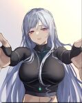  3_small_spiders ak-12_(girls&#039;_frontline) blush breasts collarbone crop_top girls_frontline grey_hair highres incoming_hug large_breasts long_hair open_mouth outstretched_arms pink_eyes smile turtleneck unusually_open_eyes very_long_hair 