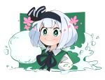  1girl bangs black_hairband black_ribbon blush bow_hairband closed_mouth collared_shirt commentary_request flower gram_9 green_eyes green_vest hairband highres konpaku_youmu konpaku_youmu_(ghost) looking_at_viewer neck_ribbon pink_flower puffy_short_sleeves puffy_sleeves ribbon shirt short_hair short_sleeves smile solo touhou upper_body vest white_hair white_shirt 