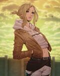  1girl annie_leonhardt bangs blonde_hair blue_eyes breasts brown_jacket chest_strap clouds cloudy_sky cowboy_shot cropped_hoodie hair_up hands_in_pockets highres hood hood_down hoodie inhoso jacket leaning_back long_sleeves looking_at_viewer medium_hair midriff navel outdoors pants parted_bangs shingeki_no_kyojin short_ponytail sidelocks sky small_breasts solo standing thigh_strap waist_sash wall web_address white_hoodie white_pants 