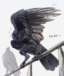  2others bird bird_wings black_wings crow feathered_wings full_body highres multiple_others no_humans original preening railing simple_background solo squatting standing suzumori_521 talons white_background wings 