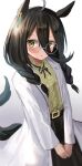  absurdres ahoge alternate_costume alternate_hairstyle animal_ears bespectacled black_hair braid casual commentary_request glasses highres horse_ears horse_girl horse_tail labcoat looking_at_viewer manhattan_cafe_(umamusume) simple_background tail umamusume white_background yellow_eyes yukimachi_urei 
