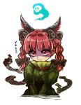  1girl animal_ears banned_artist bow braid cat_ears cat_tail cropped_torso dress extra_ears green_dress hair_bow kaenbyou_rin looking_to_the_side multiple_tails okoge_senbei red_eyes redhead simple_background solo tail touhou twin_braids upper_body white_background 