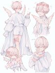  1boy absurdres androgynous angel angel_wings bishounen blonde_hair blush chibi collar crying flower halo head_wreath highres long_sleeves magical_boy male_child male_focus niufog original pink_eyes pink_flower pink_theme short_hair solo syringe wavy_hair white_background wings 