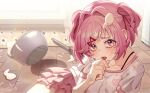  1girl animal_print blush bowl cat_print cooking doki_doki_literature_club eyelashes food food_on_clothes food_on_face food_on_hair food_on_hand hair_ornament hair_ribbon highres indoors licking licking_finger light_particles light_rays long_eyelashes looking_at_viewer multicolored_eyes natsuki_(doki_doki_literature_club) onyang pink_eyes pink_hair pink_skirt red_ribbon refrigerator ribbon short_hair short_twintails signature skirt solo tearing_up tile_floor tiles twintails violet_eyes whisk x_hair_ornament yellow_eyes 