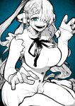  absurdres blood blue_eyes breasts dress frilled_dress frills hair_over_one_eye headphones highres large_breasts long_hair microdress monochrome multicolored_hair one_piece one_piece:_film_red open_mouth ribbon single_sleeve sitting smile split-color_hair thighs uta_(one_piece) wariza white_dress yotsumi_shiro 