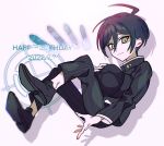  1boy ahoge arare_(op_ed_000) bangs black_footwear black_hair black_headwear black_jacket black_pants brown_eyes closed_mouth commentary_request danganronpa_(series) danganronpa_v3:_killing_harmony dated grey_background happy_birthday highres jacket long_sleeves male_focus pants saihara_shuuichi shiny shiny_hair short_hair solo striped striped_jacket 