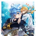  2boys ^_^ aether_(genshin_impact) ahoge blonde_hair blue_eyes blue_hair border braid braided_ponytail chongyun_(genshin_impact) closed_eyes fingerless_gloves genshin_impact gloves instagram_username male_focus morningrosestar multiple_boys short_hair sitting smile snowflakes snowing twitter_username white_border 