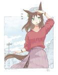 1girl alternate_costume arm_up bangs blush bracelet breasts brown_hair building fine_motion_(umamusume) hair_between_eyes hat hidaka_kouyou highres horse jewelry lamppost long_hair looking_at_viewer multicolored_hair necklace notice_lines open_mouth red_shirt shading_eyes shirt shirt_tucked_in signature small_breasts smile solo translation_request twitter_username two-tone_hair umamusume upper_body watch watch 