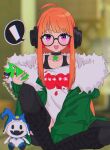  1girl ahoge bare_shoulders black-framed_eyewear black_camisole black_thighhighs blurry blurry_background camisole cellphone character_doll collarbone commentary doll fur-trimmed_jacket fur_trim glasses green_jacket headphones highres holding holding_phone indoors jack_frost jacket joshuathefruit long_hair long_sleeves looking_at_viewer off_shoulder open_clothes open_jacket open_mouth orange_hair persona persona_5 phone pink_eyes sakura_futaba shirt sidelocks sitting smile solo straight_hair thigh-highs twitter_username white_shirt 