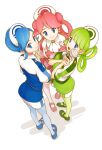  3girls absurdres ascot bangs blue_eyes blue_hair blunt_bangs closed_mouth commentary_request cup disposable_cup eyelashes green_footwear green_hair green_pantyhose highres holding holding_cup kuroe_(crocrocroe) maid_headdress multiple_girls pantyhose pigeon-toed pink_hair pokemon pokemon_(game) pokemon_masters_ex shoes short_sleeves smile standing tricia_(pokemon) trinnia_(pokemon) trista_(pokemon) white_ascot white_headwear 