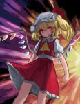  1girl ai-assisted ascot backlighting blonde_hair blurry blurry_background bright_pupils explosion eyebrows_hidden_by_hair fang fang_out feet_out_of_frame flandre_scarlet hat highres looking_at_viewer mob_cap red_eyes red_skirt red_vest short_sleeves skin_fang skirt solo touhou vest wings yellow_ascot zakozako_y 