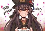  1girl artist_name black_headwear black_nails blush brown_hair confetti flower-shaped_pupils genshin_impact gift_art grin happy_birthday highres hiyon_(sun_hiyon) holding holding_plate hu_tao_(genshin_impact) long_hair looking_at_viewer parted_lips plate red_eyes smile solo symbol-shaped_pupils teeth upper_body 