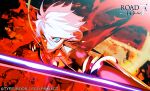 1boy blue_eyes choker fate/grand_order fate_(series) fire karna_(fate) lance looking_at_viewer male_focus official_art pako_(pakosun) polearm red_background weapon white_hair 