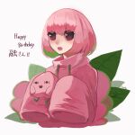 1girl bob_cut borrowed_character colored_inner_hair creature food fruit green_hair happy_birthday highres long_sleeves looking_at_viewer medium_hair multicolored_hair open_mouth original peach pink_eyes pink_hair pink_sweater ruteko_(ruko220) simple_background sleeves_past_fingers sleeves_past_wrists solo sweater upper_body white_background 