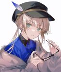  1boy aqua_eyes bangs black_headwear blue_shirt captain_nemo_(fate) cardigan fate/grand_order fate_(series) glasses hair_between_eyes hat hat_feather holding holding_eyewear light_brown_hair long_hair long_sleeves looking_at_viewer male_focus nemo_(fate) otoko_no_ko parted_lips sherry_0014 shirt simple_background solo twitter_username upper_body white_background 