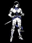  1girl andyface armor armored_boots belt black_background boots breasts corset gauntlets gloves highres large_breasts long_hair looking_at_viewer original pauldrons red_eyes scabbard serious sheath shoulder_armor solo spot_color sword weapon 